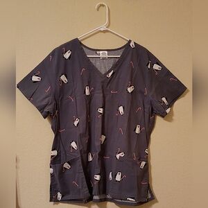 Women's Gray Penguin Print Short Sleeve Medical Scrub Top Size XL